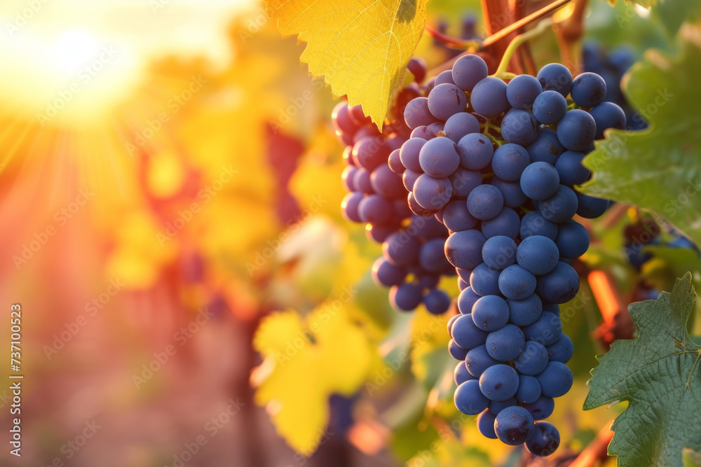 Bunch of different types of fresh grapes. Close-up of a blue grape hanging in a vineyard, wide shot. grape plantation, template, bunches of grapes, advertising