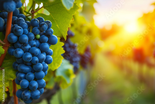 Bunch of different types of fresh grapes. Close-up of a blue grape hanging in a vineyard  wide shot. grape plantation  template  bunches of grapes  advertising