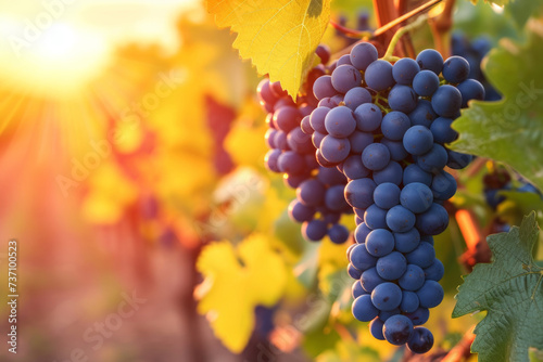 Bunch of different types of fresh grapes. Close-up of a blue grape hanging in a vineyard  wide shot. grape plantation  template  bunches of grapes  advertising