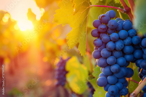 Bunch of different types of fresh grapes. Close-up of a blue grape hanging in a vineyard, wide shot. grape plantation, template, bunches of grapes, advertising