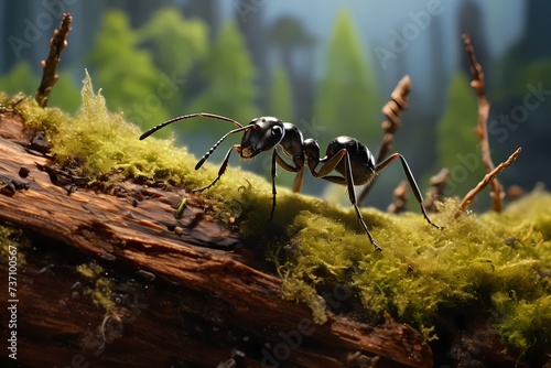 A close-up of a determined ant carrying a seed, its tiny form emphasized against the textured canvas of a sunlit forest floor.