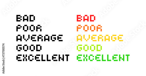 Rating icon set. Bad, Poor, Average, Good, Excellent ratings. Silhouette and flat style. Vector icons