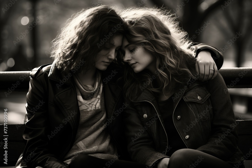 Seated on a park bench, two friends exemplify of women's friendship by one friend emotional supporting the other Seated on a park bench, two friends exemplify of women's friendship by one friend emotional supporting the other