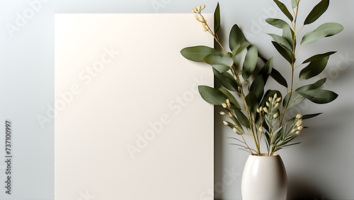 Blank white greeting card and leaves beside it, in minimalist background style. #737100997