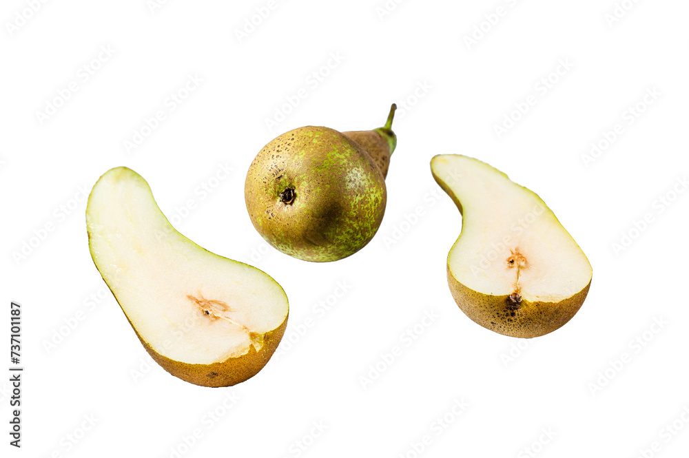 Pears on a ceramic cutting Board. Farm eco pears.  Isolated, Transparent background.