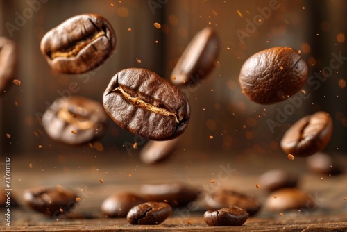 Roasted coffee beans levitating on dark background with copy space  ideal for text and design.