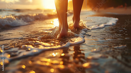 Close up of woman's feet walking on sandy beach.