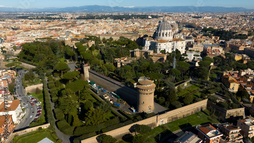 Aerial view of the Vatican City gardens located behind St. Peter's Basilica in Vatican in Rome, Italy. It's the most important and largest church in the world and residence of the Pope.