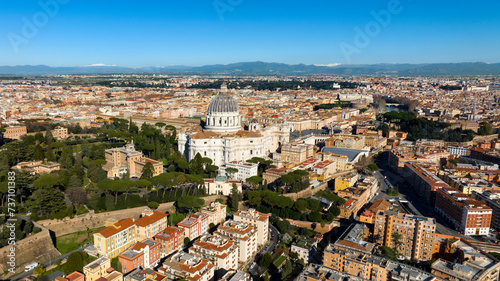 Aerial view of Papal Basilica of Saint Peter in the Vatican City located in Rome, Italy. It's the most important and largest church in the world and residence of the Pope.