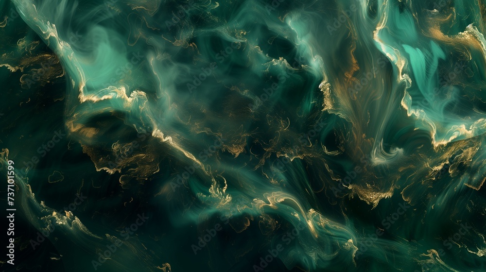 An abstract fluid design featuring a blend of deep emerald green and antique bronze, reminiscent of a regal tapestry. - obrazy, fototapety, plakaty 