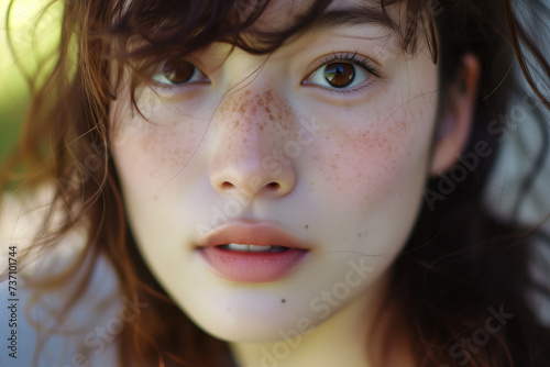 A Closeup portrait of a young Japanese woman with freckles. Created with Generative AI technology