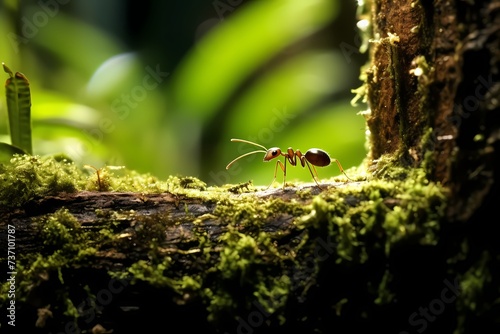 A close-up of a solitary ant carrying a leaf many times its size, navigating through a maze of textured tree roots in a dense forest. © Animals