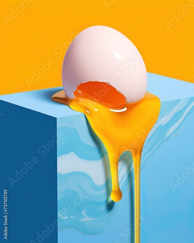 Cracked egg with dripping yolk. Art instalation concept design. Ai Generative photo