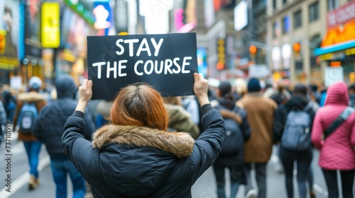 Motivation  woman holding  stay the course  sign for success on abstract blurred background.