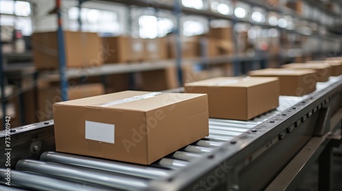 Smooth movement of cardboard box packages on conveyor belt in thriving warehouse environment