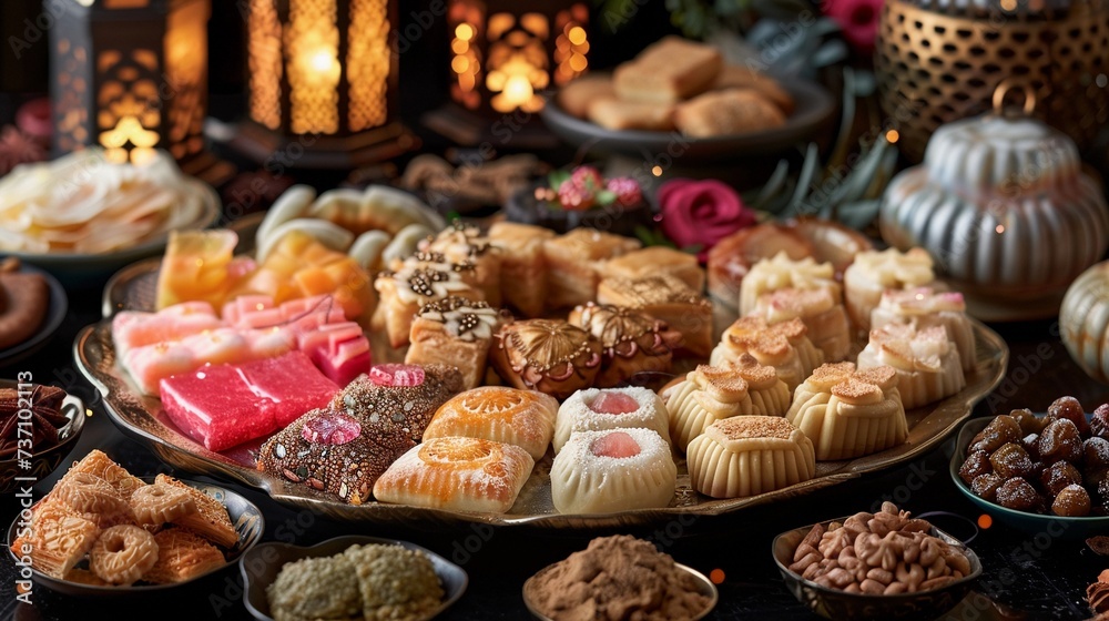 Rich plate with Maamoul and Turkish delight. Small bowls of dried fruits and nuts. Eid al-Fitr sweets in festive backdrop with lanterns and flowers. AI Generated