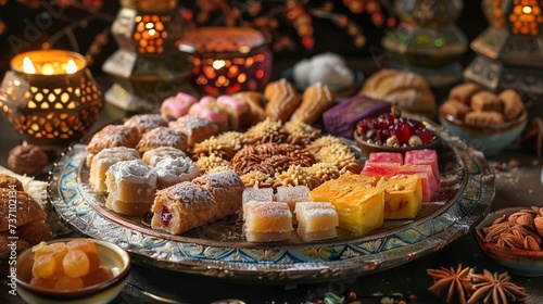 Rich plate with Maamoul and Turkish delight. Small bowls of dried fruits and nuts. Eid al-Fitr sweets in festive backdrop with lanterns and flowers. AI Generated photo