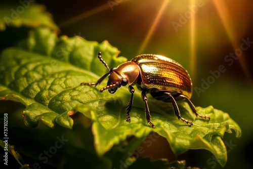 A close-up of a solitary beetle perched on a leaf, its metallic sheen reflecting the sunlight, against a background of lush greenery.