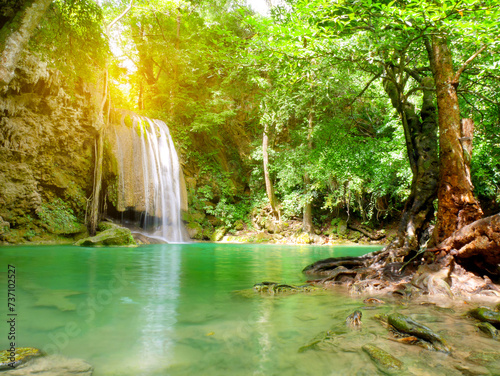 Scenery of beautiful Erawan Waterfall