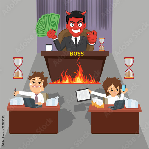 The big devil boss director sitting in office. Concept of devil in workplace.illustration vector eps10 cartoon. 