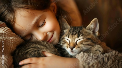 Kind kuschelt mit einer Katze. Liebevoll sein Haustier umarmen. Mädchen liebt Ihre Tigerkatze.  photo
