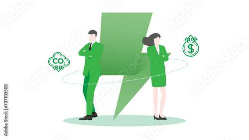 Environmental Goals in Sustainable Business Environment with Confident Businessman and Businesswoman standing pose with Green Energy.