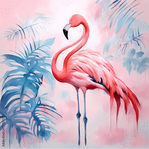 Illustration with cute flamingo and blue leaves on a pink background. Drawing in watercorcolor style is ideal for your design. For posters, cards, wallpaper, covers, for prints on mugs, pillows © Irina