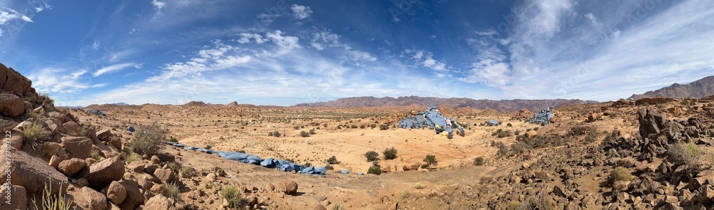 Panoramic view painted rocks Anti Atlas Mountains Morocco 