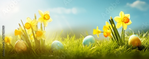 Easter eggs and daffodil flowers in a meadow. Easter background. Bokeh. High resolution