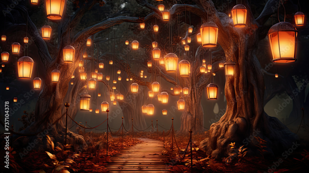 Enchanted forest, lanterns dance above, casting a mystical glow on trees. Beneath, a secret feast unfolds, celebrating nature's bountiful harvest