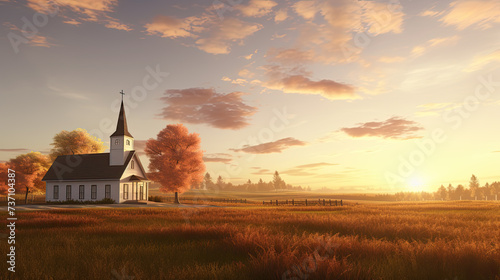 Tranquil fields embrace a rustic church; soft sunrise paints the countryside in hues of serenity and whispers of timeless peace