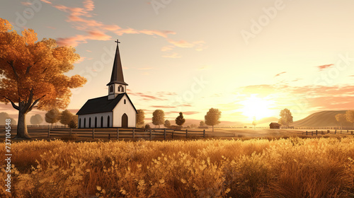 In serene fields, a quaint church cradled by tranquility; sunset's brush strokes adorn the countryside, weaving hues of serenity, whispers echoing timeless peace photo