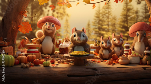 Woodland glade: Cute Squirrel share acorn gifts, Thanksgiving feast beneath autumn leaves' golden canopy