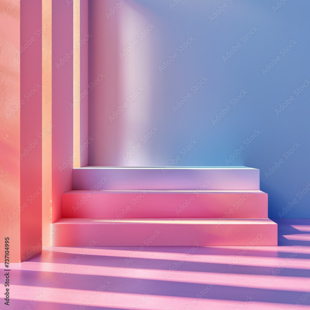 Sunny summer composition in bright pastel colors. Pastel pink and magenta walls and arched columns. Sea and clear sunny sky. The concept of beauty, summer and the sea. Sunny summer composition in bright pastel colors. Pastel pink and magenta walls and arched columns. Sea and clear sunny sky. The concept of beauty, summer and the sea.