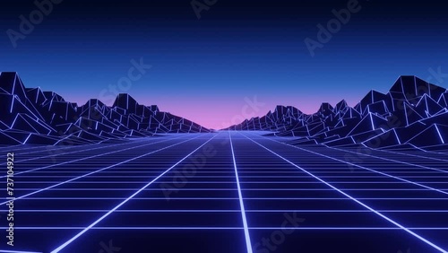 Abstract retro mountains on background of starry sky. 3D topographic map of terrain planet Earth. Grid landscape with lines and dots. Futuristic digital wireframe floor in style of 80s and 90s. photo