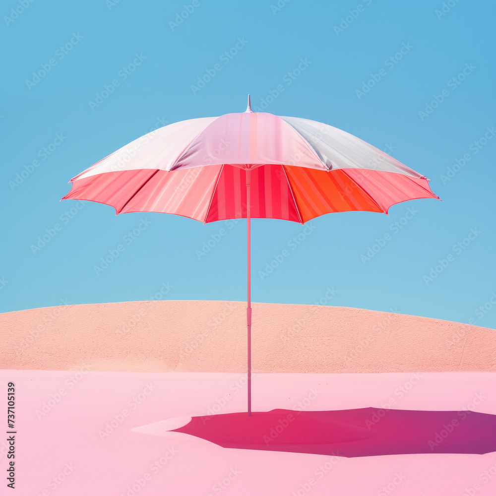 Sunny summer composition in bright pastel colors. Parasol on a pink sand, beach with a clear blue sky in the background.