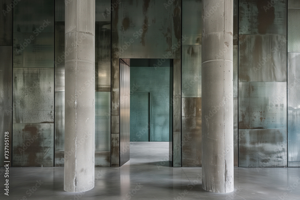 minimalist room with tall concrete pillars and brushed metal walls. background image. created with generative ai technology minimalist room with tall concrete pillars and brushed metal walls. background image. created with generative ai technology