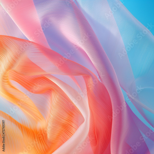 Sunny summer composition in bright pastel colors. Tulle fabrics in pastel colors.