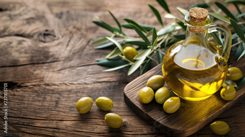 Glass bottle with extra virgin olive oil. Olive branches with leaves and bottle of freshly squeezed oil. Healthy eating. Organic product, source of vitamins