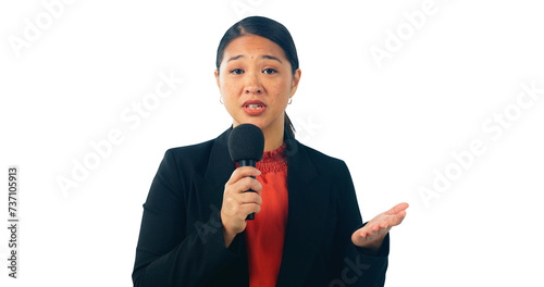 Woman, microphone and reporter with broadcast on Japanese news channel isolated on png transparent background. Communication, journalist and talking in portrait for information and media platform photo