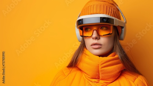 Creative young woman in hi tech glasses and headphones against vibrant background © Andrei