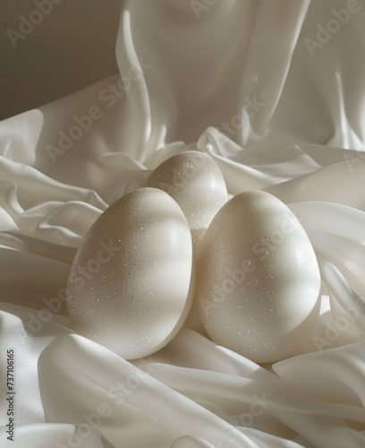 White Easter eggs elegantly decorated with zircons and precious gemstones on a soft white fabric. Easter luxury greeting card. photo