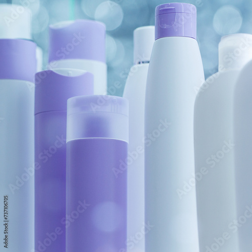 bottles with body and hair care products, spa