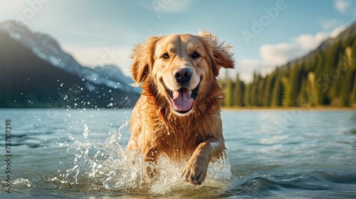 happy golden retriever dog running out of water
