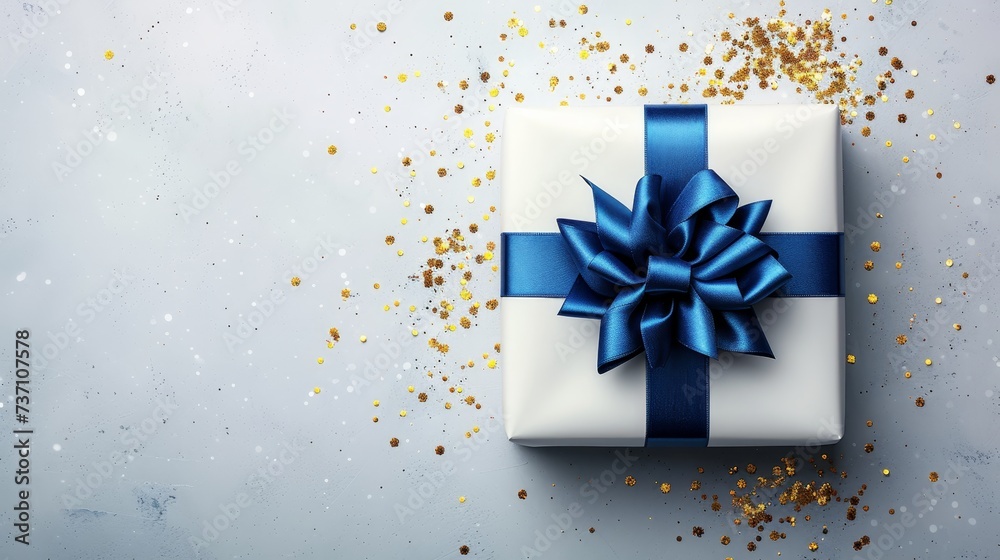 Exquisite navy and white gift box with satin ribbon and golden glitter for special occasions Exquisite navy and white gift box with satin ribbon and golden glitter for special occasions