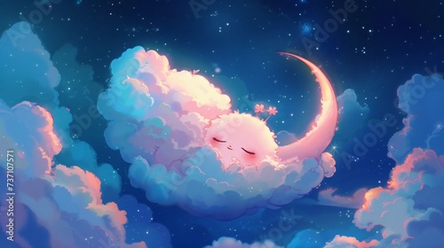 Dreamy Cloud Creature Cuddling with Crescent Moon in a Starry Blue Sky