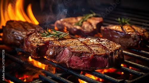 Meat on the grill. Meat cooked with herbs and spices on a barbecue grill