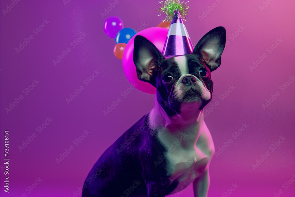 Celebratory image of a Boston terrier in a party hat