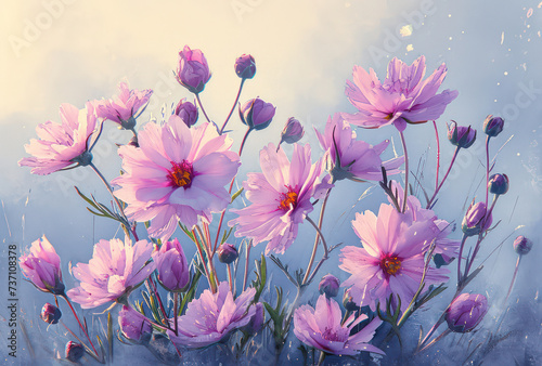 Floral Symphony: Blooming Cosmos in a Colorful Meadow, a Vibrant Tapestry of Pink and Purple Petals on a Sunny Summer Day