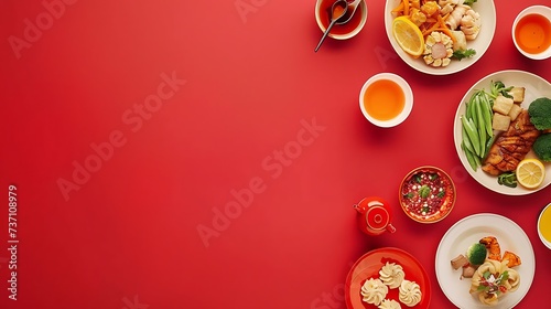chinese new year festival table over red background. Traditional lunar new year food. Flat lay, top view © asma